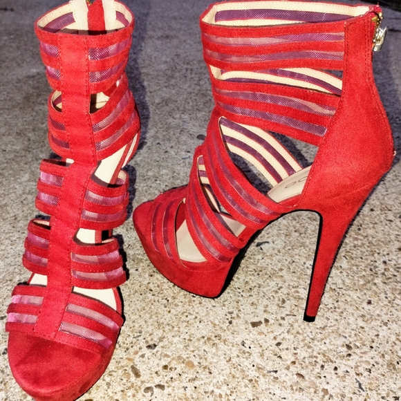 BeBe Open Toe 7" in Cherry Red Stiletto heels - Picture 4 of 7